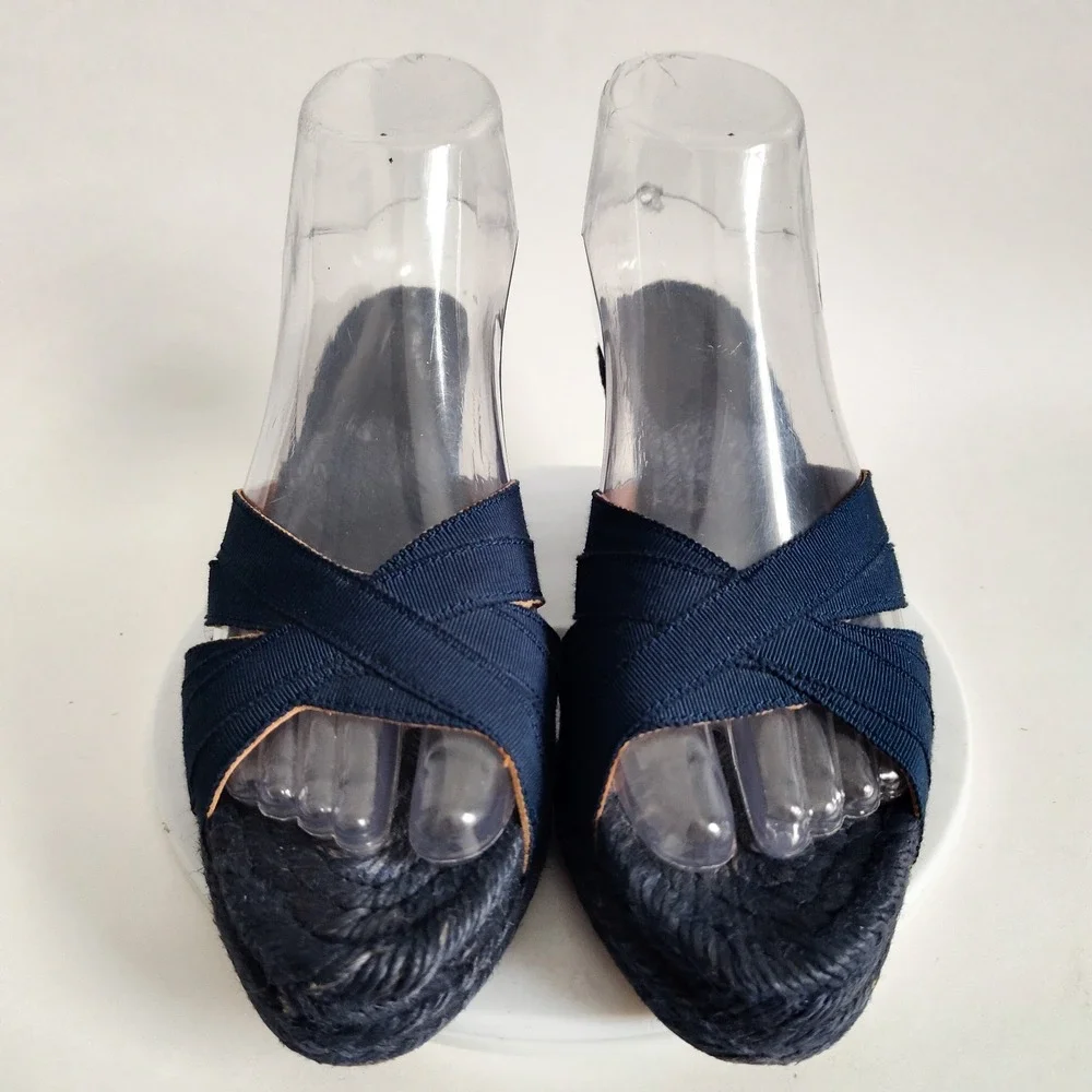 Stubbs & Wootton Sandals 37 / 6 Espadrille Wedge Blue‎ Ribbon Slip On Open Toe